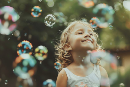 A child marvels at colorful bubbles floating in a natural setting.の素材