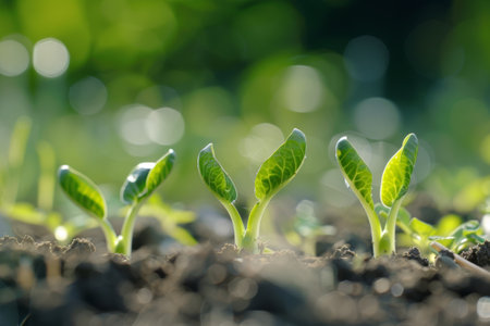 Young green plants sprouting from fertile soil.の素材