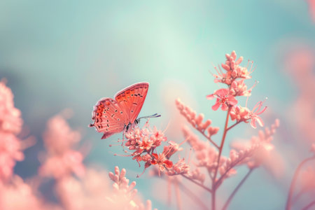 A delicate butterfly perches on blooming flowers amidst a serene natural setting.の素材