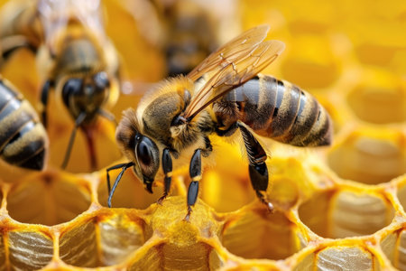 Bees work on a detailed, golden honeycomb filled with honey.の素材