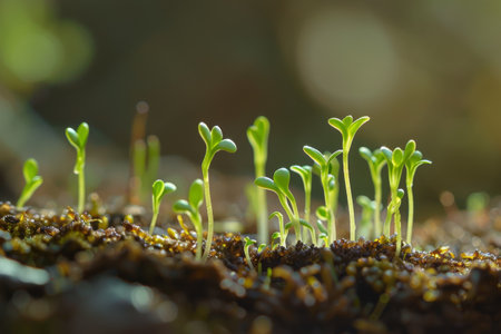 Green sprouts emerging from moist, fertile soil in sunlight.の素材
