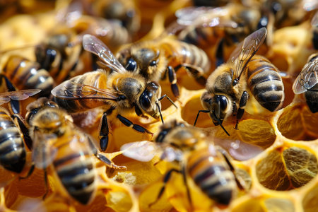 Bees busily working on a vibrant golden honeycomb.の素材
