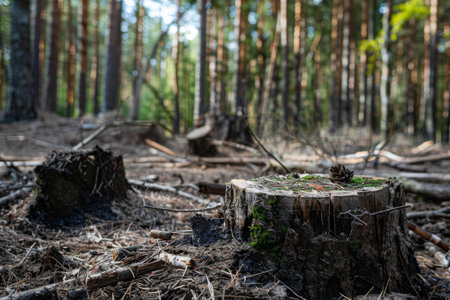Serene scene of a tree stump amidst a tranquil forest.の素材