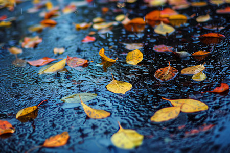 A rainy autumn scene with colorful wet leaves scattered.の素材