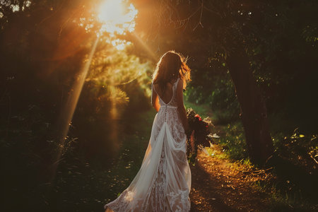 A woman in a dress holds a bouquet amidst the enchanting forest sunset.の素材