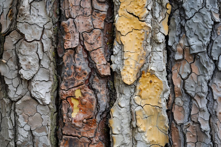 A close up view of a tree textured and multicolored bark.の素材