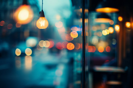Cozy evening with warm lights and city reflections.の素材