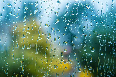 Close-up of raindrops on a window pane with blurred greenery in the background.の素材