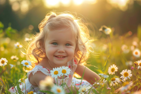 A child amidst blooming daisies in a sunlit field exuding warmth and innocence.の素材