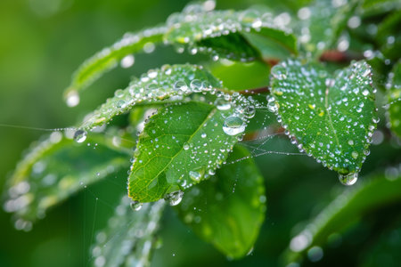 Close-up of dew drops adorning vibrant green leaves.の素材