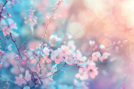 Blooming flowers bathed in soft light creating a tranquil scene.の素材