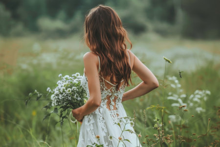 Woman in white dress holding flowers amidst a green field.の素材
