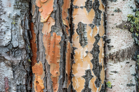 A close-up of textured and colorful tree bark showcasing natures intricate designs.の素材