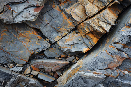 A close-up of a textured rocky surface with various shades of gray and orange.の素材