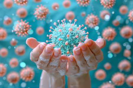 Hands holding a detailed and colorful representation of a virus particle.の素材