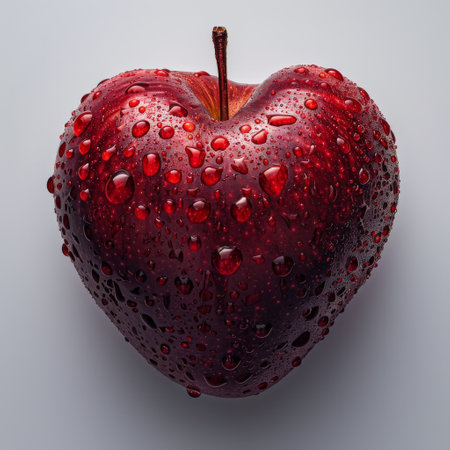 A close-up of a red apple covered in water droplets.の素材