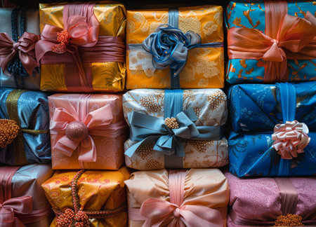 A collection of beautifully wrapped gift boxes adorned with intricate bows.の素材