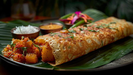 A crispy dosa filled with spicy potato masala served with condiments.の素材