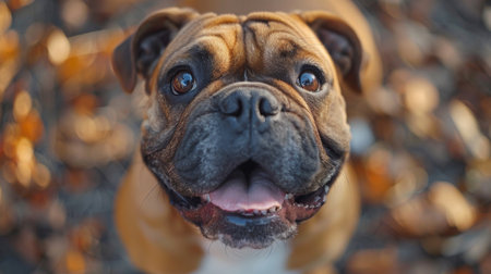 A happy bulldog with its mouth open, surrounded by autumn leaves.の素材