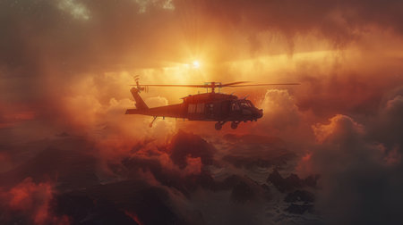 A helicopter flies amidst a breathtaking sunset over rugged mountains.の素材