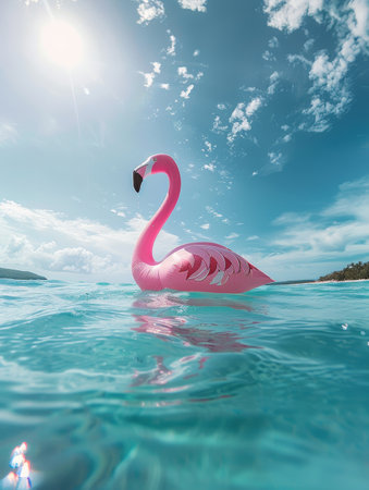 A pink inflatable flamingo floating on clear blue waters under a sunny sky.の素材