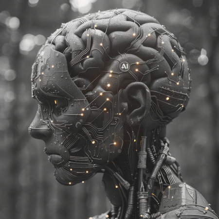 A detailed robotic head showcasing advanced artificial intelligence against a blurred forest backdrop.の素材