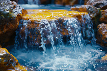A small waterfall cascading over yellowish rocks into a foamy pool of water.の素材