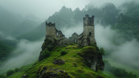 A misty mountain landscape featuring the eerie yet enchanting ruins of an ancient castle.の素材