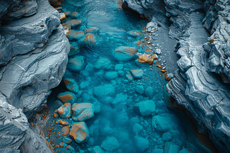 A serene blue stream flows amidst beautifully eroded stone formations.の素材