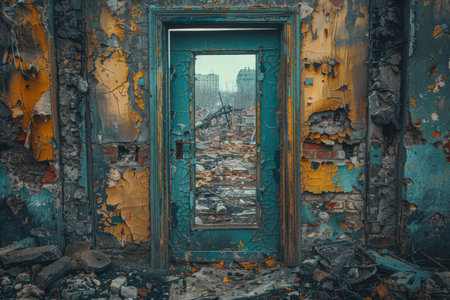 A haunting glimpse into a decaying building through a battered door.の素材