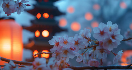 Cherry blossoms bloom against a backdrop of a glowing pagoda and lanterns in the tranquil evening.の素材
