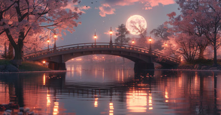 A peaceful evening scene with a full moon illuminating a bridge surrounded by blossoming trees.の素材