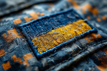 A close-up of a textured fabric patch sewn onto denim jeans.の素材
