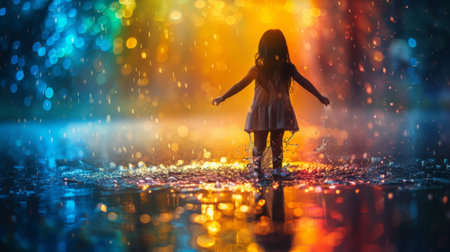 A child revels in a magical rain shower under vibrant night lights.の素材
