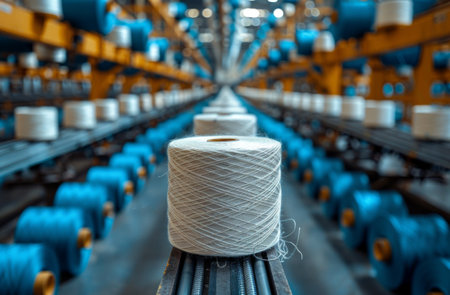 Rows of yarn spools in a modern textile factory.の素材