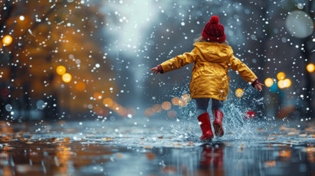 A joyful child in a yellow raincoat splashing in puddles on a rainy day.の素材