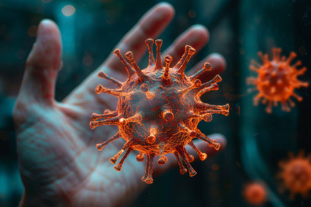 Macro photography capturing the symmetry of an electric blue virus held in a human hand, creating a striking pattern reminiscent of an intricate ornamentの素材