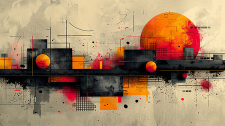 The painting is a beautiful display of colorfulness with vibrant shades of orange and amber, creating intricate lines and circles in a rectangular art pieceの素材