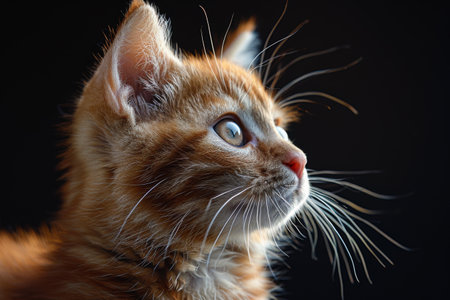 Close-up of a curious ginger kitten with bright eyes and long whiskers.の素材