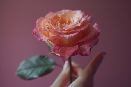 Hand delicately holding a dew-kissed blooming rose.の素材