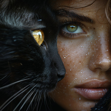 A closeup image of a womans face with a black cat behind her, focusing on her nose, cheek, eyebrow, eye, and lip. The flash photography highlights her features, including jaw, eyelash, and headの素材