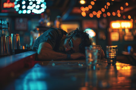 A man is lying on the bar with his head resting on the bar countertop, surrounded by empty glasses and barware in the electric blue darkness of the midnight hour, enjoying leisure time and fun drinksの素材