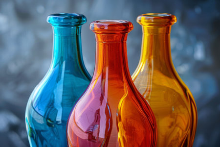 Trio of vibrant glass bottles in blue and warm hues, elegantly contrasting against a textured backdrop.の素材