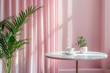 A serene interior with a marble table set against a soft pink backdrop.の素材