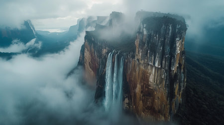A breathtaking view of a cliffside waterfall amidst mystical clouds and rugged mountains.の素材