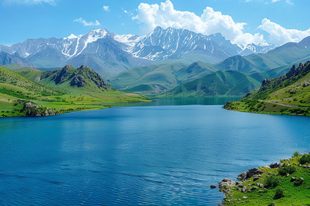 A breathtaking view of a serene mountain lake surrounded by lush greenery and majestic snow-capped mountains.の素材