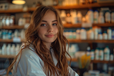 Portrait of a smiling young pharmacist with long hair in a pharmacy, wearing a white coat, standing in front of shelves filled with medications.の素材