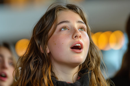 Close-up of a young girl singing with an open mouth, capturing her expressive and emotional performance.の素材