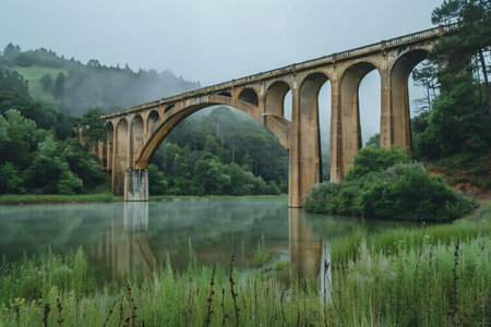 An old bridge with tall arches spans a misty river surrounded by lush greenery and forested hills.の素材