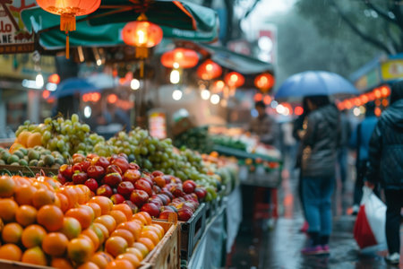 A bustling outdoor fruit market with vibrant produce and red lanterns, captured on a rainy day with people shopping under umbrellas.の素材